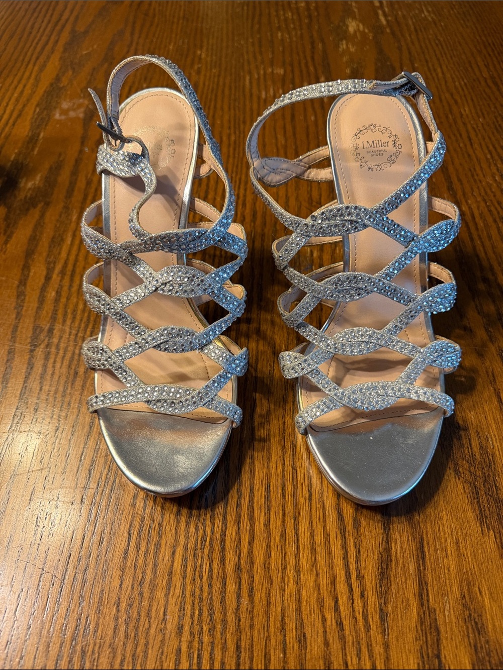 Silver Rhinestone Strappy Heeled Sandals by J. Miller